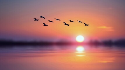Fototapeta premium Birds Flying Over Calm Water at Sunrise With Warm Colors in the Sky