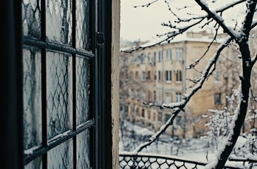 window from outside, the white walls and black tiles contrast with an empty tree branch hanging in front of it