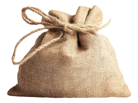 Burlap sack tied with twine, cut out - stock png.