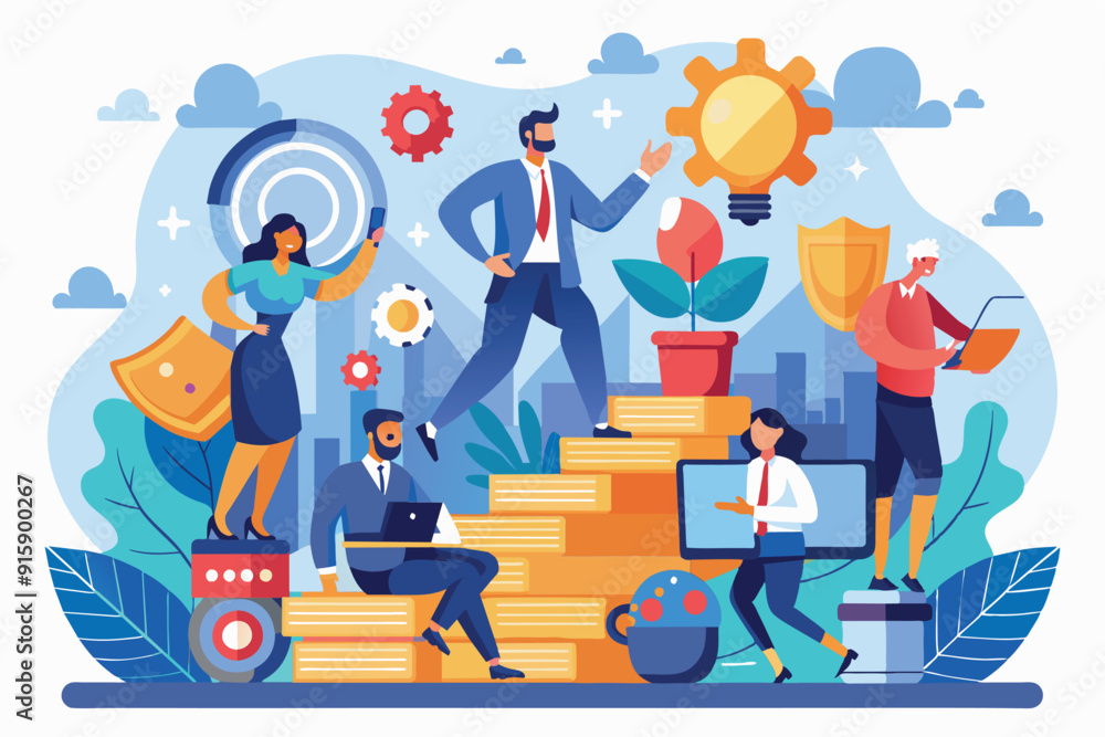 Poster a diverse team engages in problem-solving activities, utilizing technology and teamwork in a vibrant