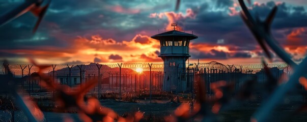 Convicts in a prison yard under the watchful eye of a towering watchtower, creating a sense of controlled freedom, Realism, High contrast, Sharp focus