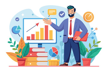 A business coach enthusiastically explains a statistical growth graph, highlighting key strategies for improving business performance and success