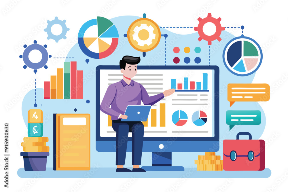 Poster a professional presenting business data analysis using a laptop, surrounded by various data visualiz