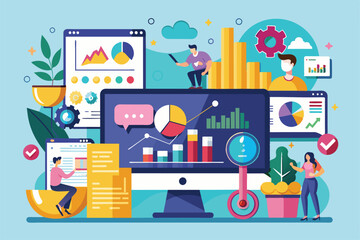Professionals analyze business data using various visual tools on monitors, surrounded by charts, graphs, and collaborative elements in a contemporary workspace