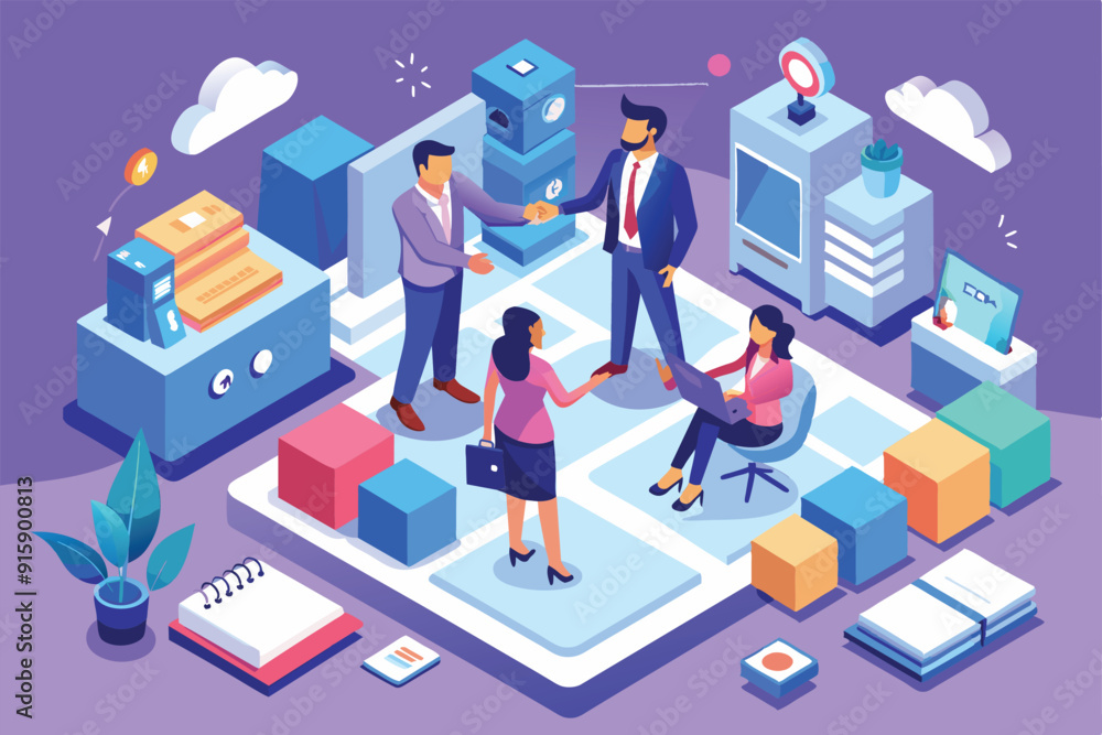 Poster professionals are collaborating on a business deal within a customizable isometric office space fill