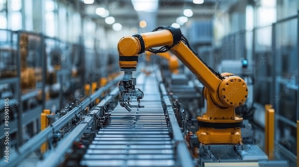 Poster robotics arms assembling products on an automated manufacturing line