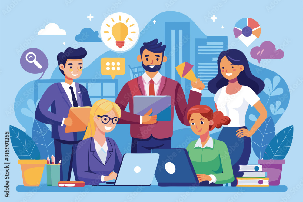 Poster a diverse group of professionals engages in teamwork and brainstorming, utilizing technology to enha