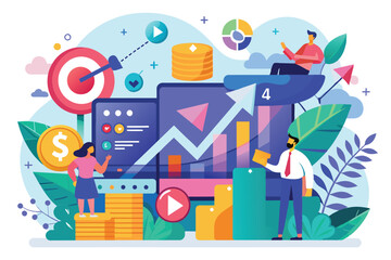 A dynamic illustration showing business growth, marketing strategies, and data analytics through colorful graphics and statistics