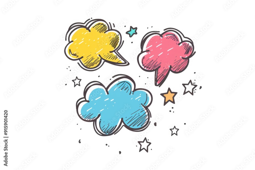 Aufkleber three colorful speech bubbles with star shapes inside, perfect for illustration and graphic design p