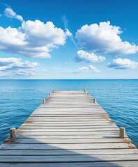 Obraz premium Wooden dock extending into the sea, blue sky with white clouds, background, flat composition
