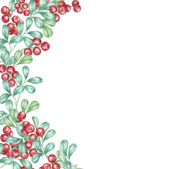 Red berries watercolor with clusters of vibrant cranberries and green leaves arranged in a corner frame. Use this clipart for festive stationery, digital scrapbooking, and holiday decorations