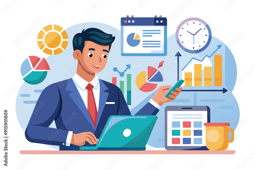 Poster a businessman reviews sales data with a tablet while preparing for upcoming deadlines in a modern of