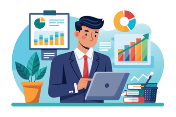 Fototapeta premium A businessman reviews sales data on his tablet while surrounded by charts, growth graphs, and a small plant at his organized office desk