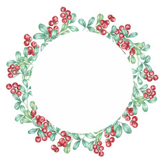 Red berries watercolor clipart frame with vibrant cranberries and green leaves forming a circular border. Ideal for festive greeting cards, holiday-themed digital designs, and seasonal decor