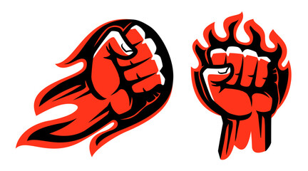 Flaming red fiery fist emblem vector illustration. Clenched fist in burning fire badge or logo. Symbol strength, power