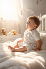 Fototapeta premium Innocence and Purity: Capture the essence of childhood with this heartwarming image of a baby boy peacefully resting in a sunlit bedroom. generative AI