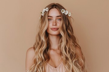 Bohemian Woman with Long Wavy Hair and Floral Crown, Natural Beauty Portrait, Earthy Tones, Soft Lighting, Neutral Background, Rustic and Free-Spirited Look, Copy Space for Text


