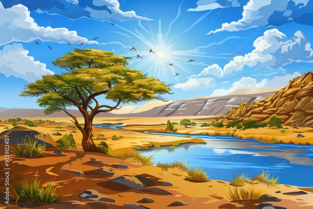 Canvas Prints A serene desert landscape featuring a meandering river