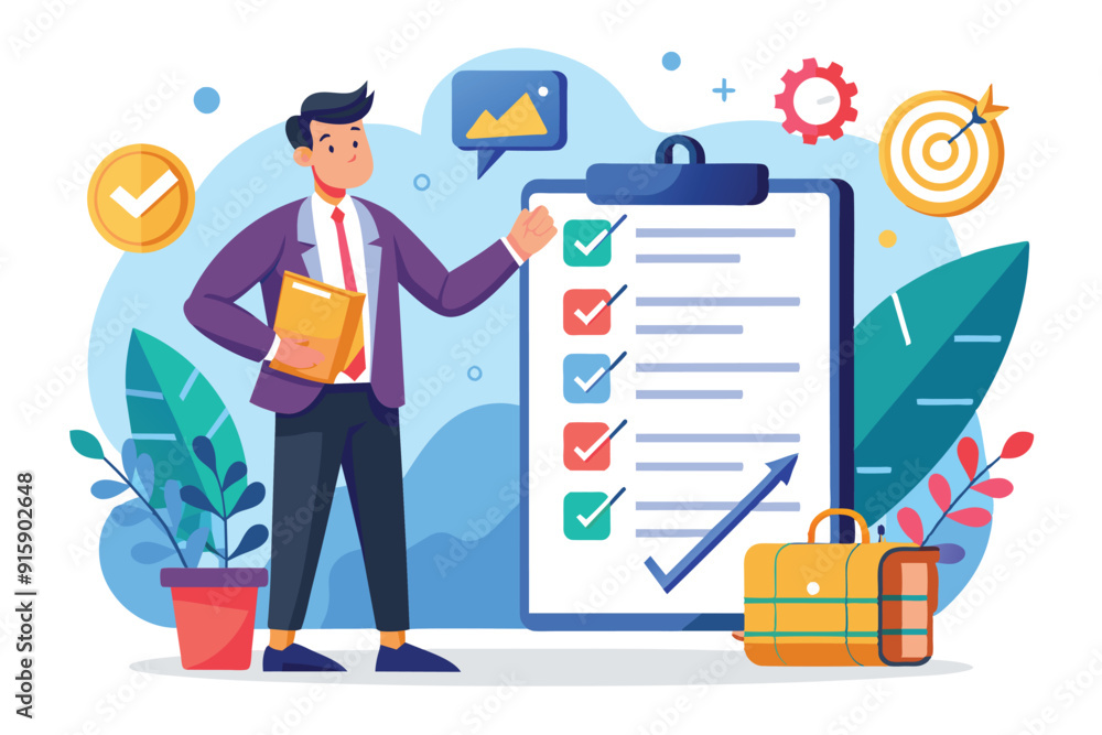 Poster a businessman is reviewing and checking off tasks on his list while standing in a bright office envi
