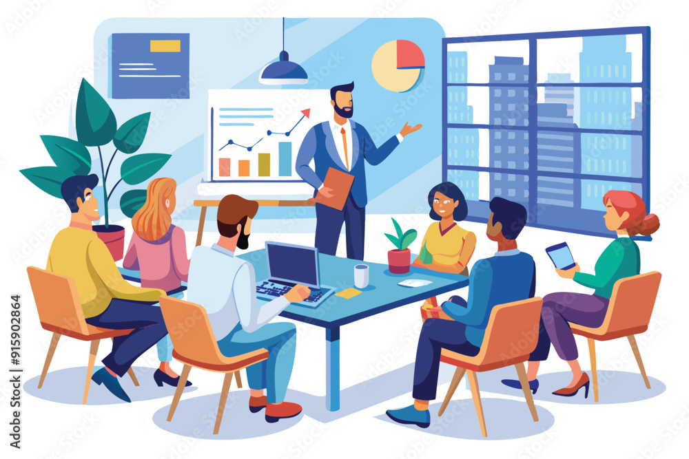 Poster a diverse group participates in a business meeting, engaging with a presentation and discussing stra