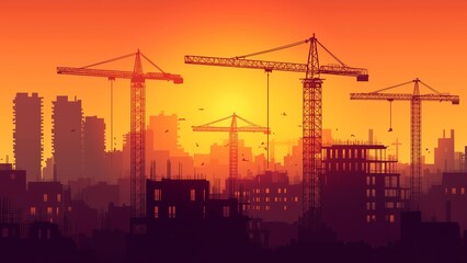Panoramic view of the construction site. Vector illustration with house building at sunset, Construction site with a tower cranes, Construction of business centers, shopping centers, residential build