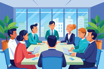 A group of business professionals discuss strategies while facing away from each other in a bright, modern office with large windows and city views