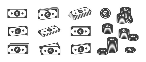 Bills dollar cents coins icons set. Money banknote currency bills and cents. Vector design elements isolate.