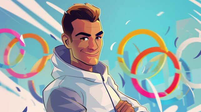 Cartoonstyle Yusuf Dikec with Olympic rings in the background, Olympic shooter, animated pride