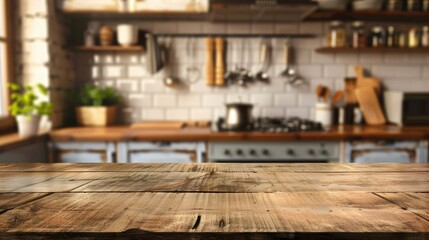 Brown wooden table with blurred kitchen background for product display