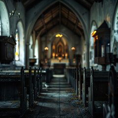 Fototapeta premium A row of wooden pews in an old abandoned church