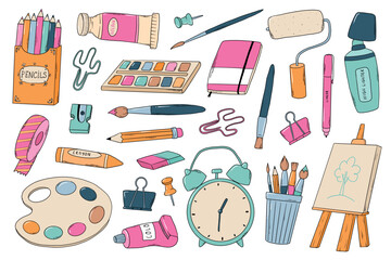 Art supplies colorful doodles, cartoon elements, prints, stickers, clip art. School supplies, Back to school, art school theme. EPS 10
