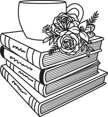 Flowers and coffee mug on book stacks with editable strokes. Vector illustration.