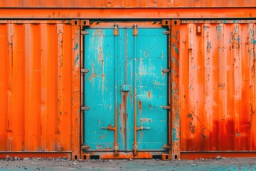 Container shipping transportation, orange and blue design, blue door open or closed