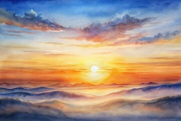 Fototapeta premium A painting of a sunset with a large sun in the sky