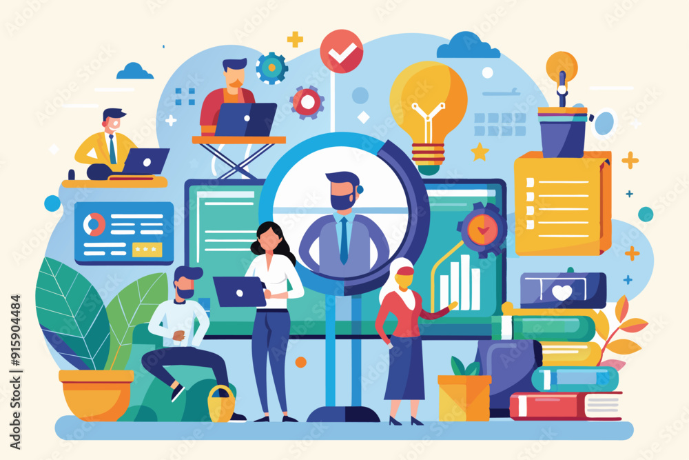 Aufkleber professionals engage in diverse business support tasks, utilizing technology and teamwork in a color