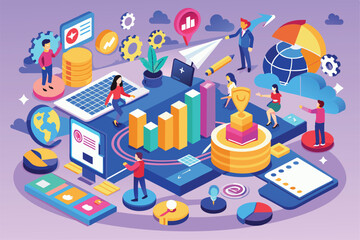 Business professionals collaborate in a colorful digital workspace, focusing on strategy and analytics for growth and success