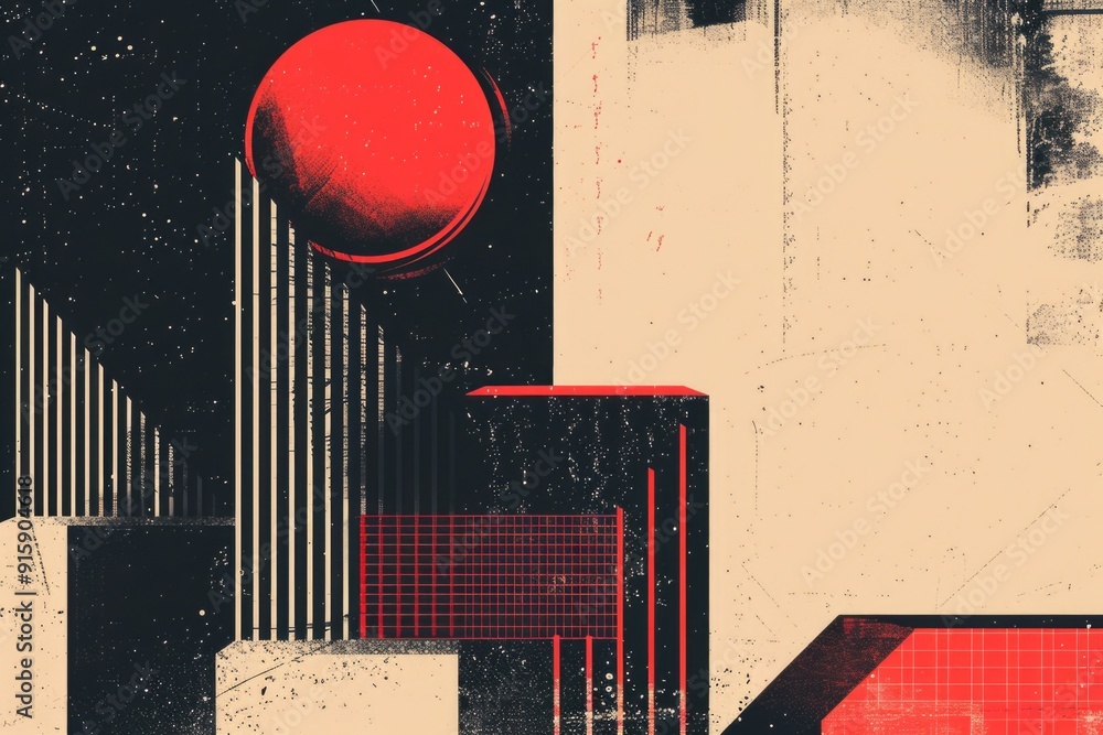 Poster a single red ball sits on a black and white textured background, creating a striking visual contrast