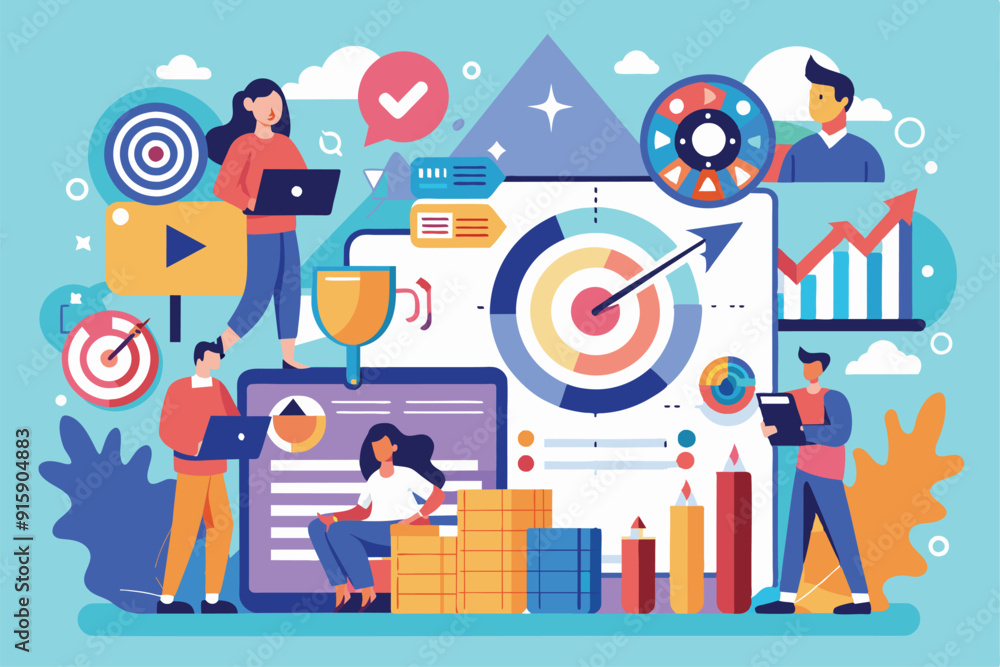 Poster a team collaborates to analyze business performance targets using data visualization tools and chart