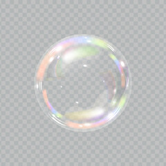 Soap bubble color spectrum on transparent background. Realistic air bubble 3D graphics glare and transparency effect. Vector illustration.