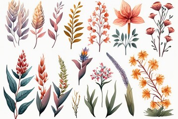 Fototapeta premium A collection of watercolor-style floral elements with delicate leaves and vibrant blooms, perfect for design projects.