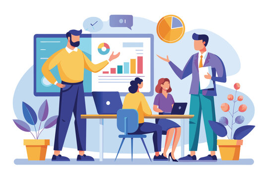 Professionals engage in a training session with a large screen showcasing data visuals while collaborating at a conference table in a vibrant workspace