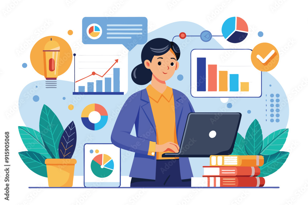 Poster a business woman is focused on analyzing data using her laptop, surrounded by graphs and charts in a