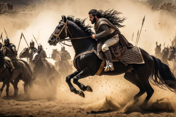 Legendary Charge: Witness the power and courage of history with this dramatic image of Alexander the Great and his warhorse, Bucephalus, charging into battle. generative AI