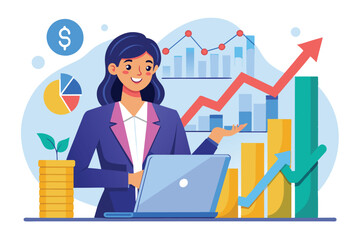 Obraz premium A businesswoman reviews stock growth rates and presents financial data using a laptop in a vibrant office environment