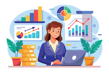 A business woman is working at her desk, reviewing financial data and charts displayed on her laptop while surrounded by plants and organized stacks of documents