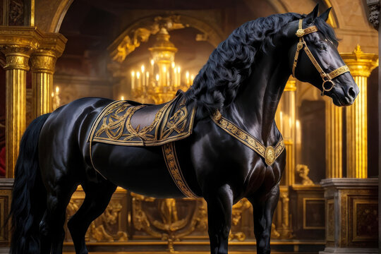 Royal Steed: the grandeur of ancient Greece with this majestic portrait of Bucephalus, Alexander the Great's legendary horse. The ornate stable setting. generative AI