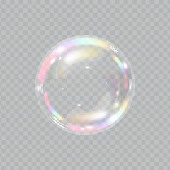 Soap bubble color spectrum on transparent background. Realistic air bubble 3D graphics glare and transparency effect. Vector illustration.