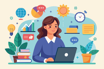 A focused businesswoman studies business strategies online in a vibrant workspace filled with plants and learning materials