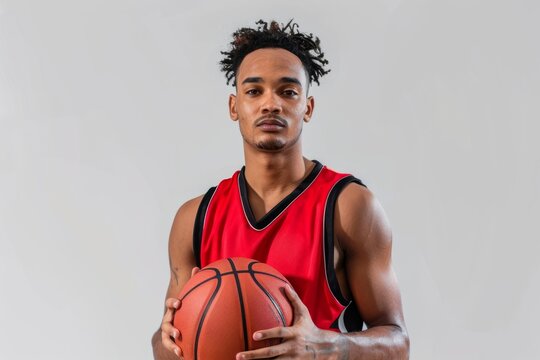 Portrait of a focused basketball player in a red jersey holding a basketball and looking at the camera. The style is modern and athletic. This image is suitable for sports-related content
