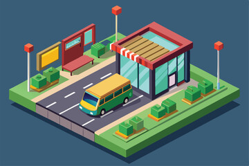 A colorful bus stop with benches and a small shop, along with a van parked on a well-maintained road surrounded by greenery